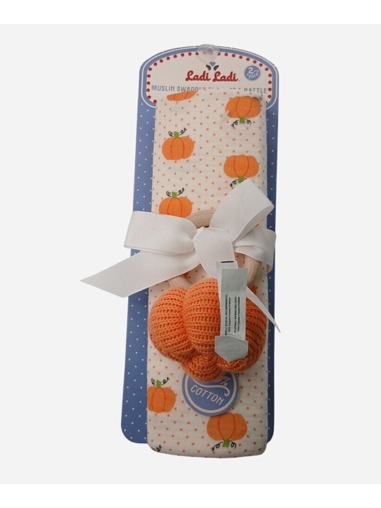 Other - Ladi Ladi Pumpkin Muslin Swaddle Blanket Crochet Wooden Ring Rattle Set 2 Pk